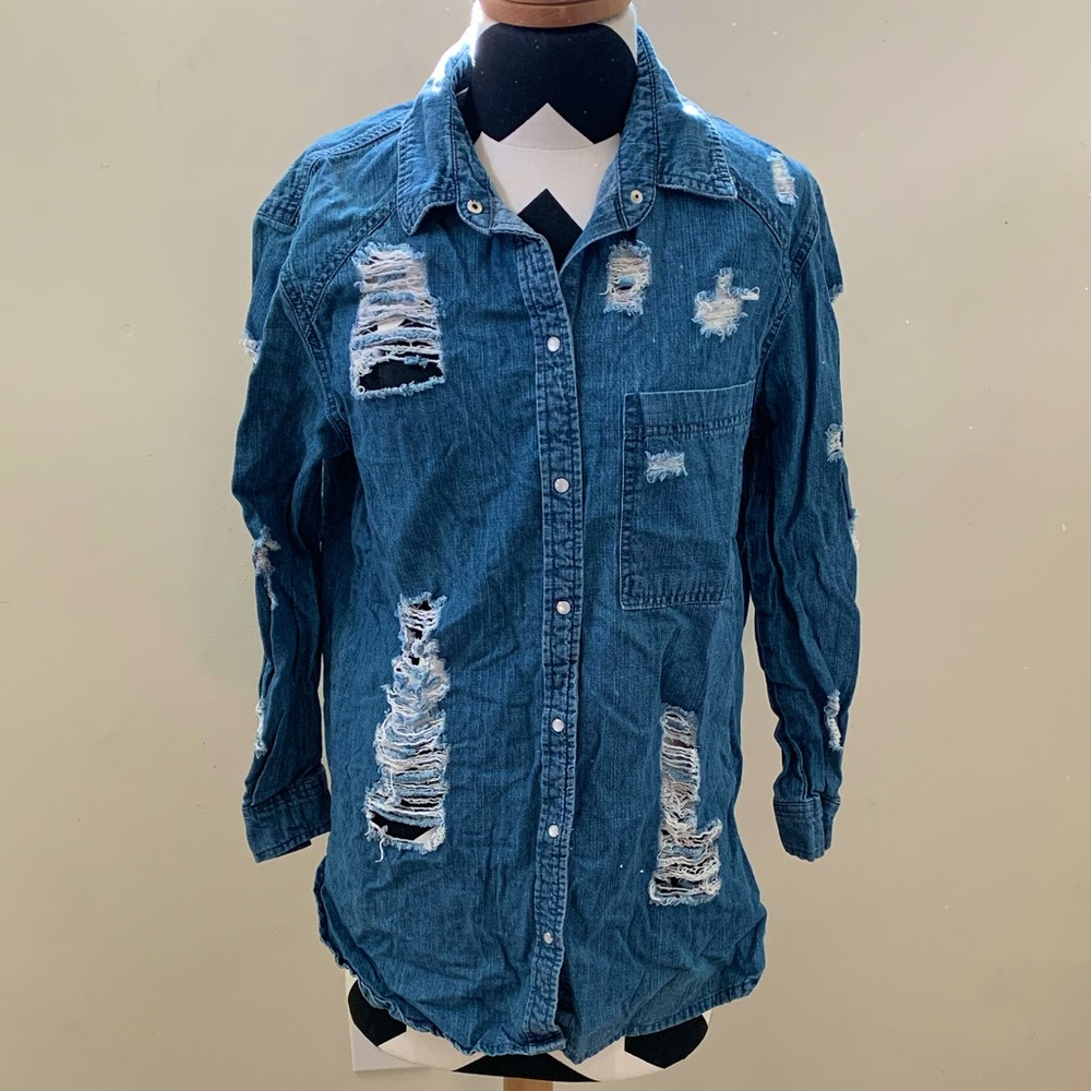 Boohoo Denim Distressed Longline Denim Jacket